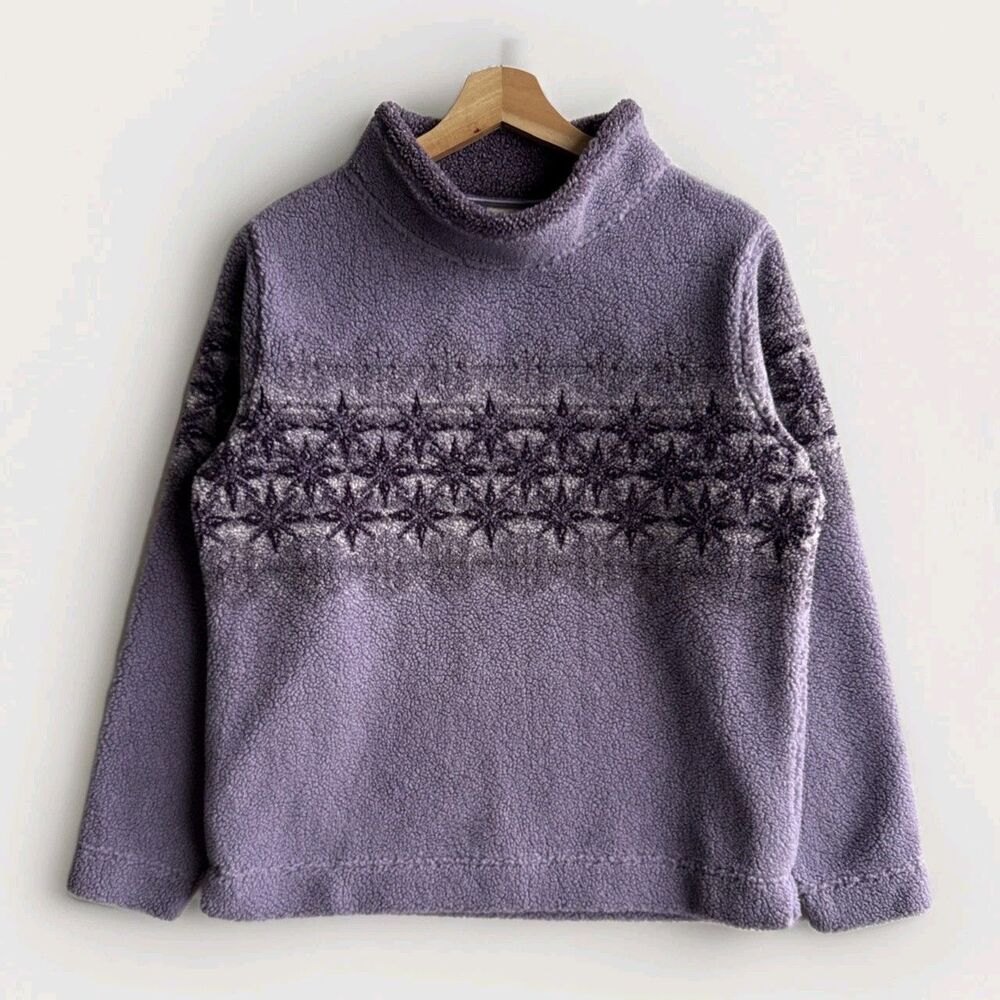 Cabela's Women's Medium Mock Neck Fleece Pullover Sweater Purple Fair Isle Cozy